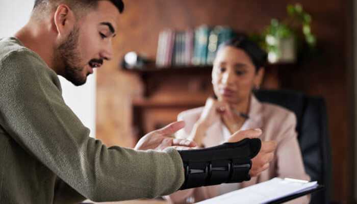 Man discussing his injury case with a lawyer while showing his arm brace during a legal consultation.